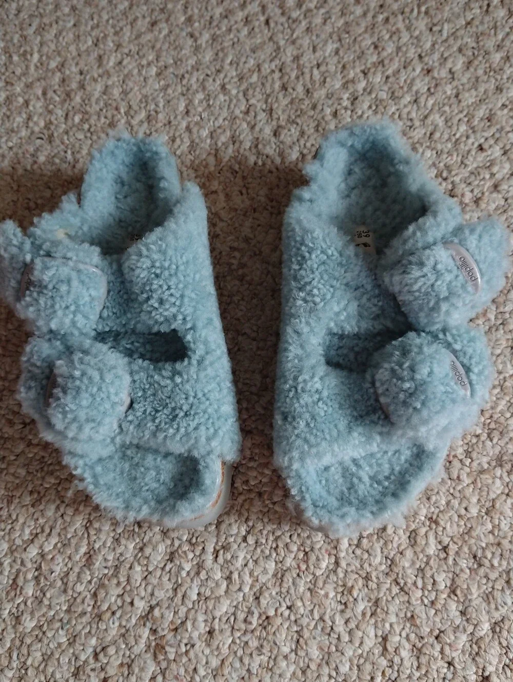 Birkenstock Papillio Buckle Shearling Platform Teddy Aqua blue Slide sz 8.5/250